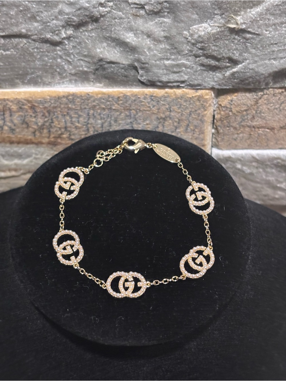 Gold and Pearl Interlocking GG Link Bracelet
